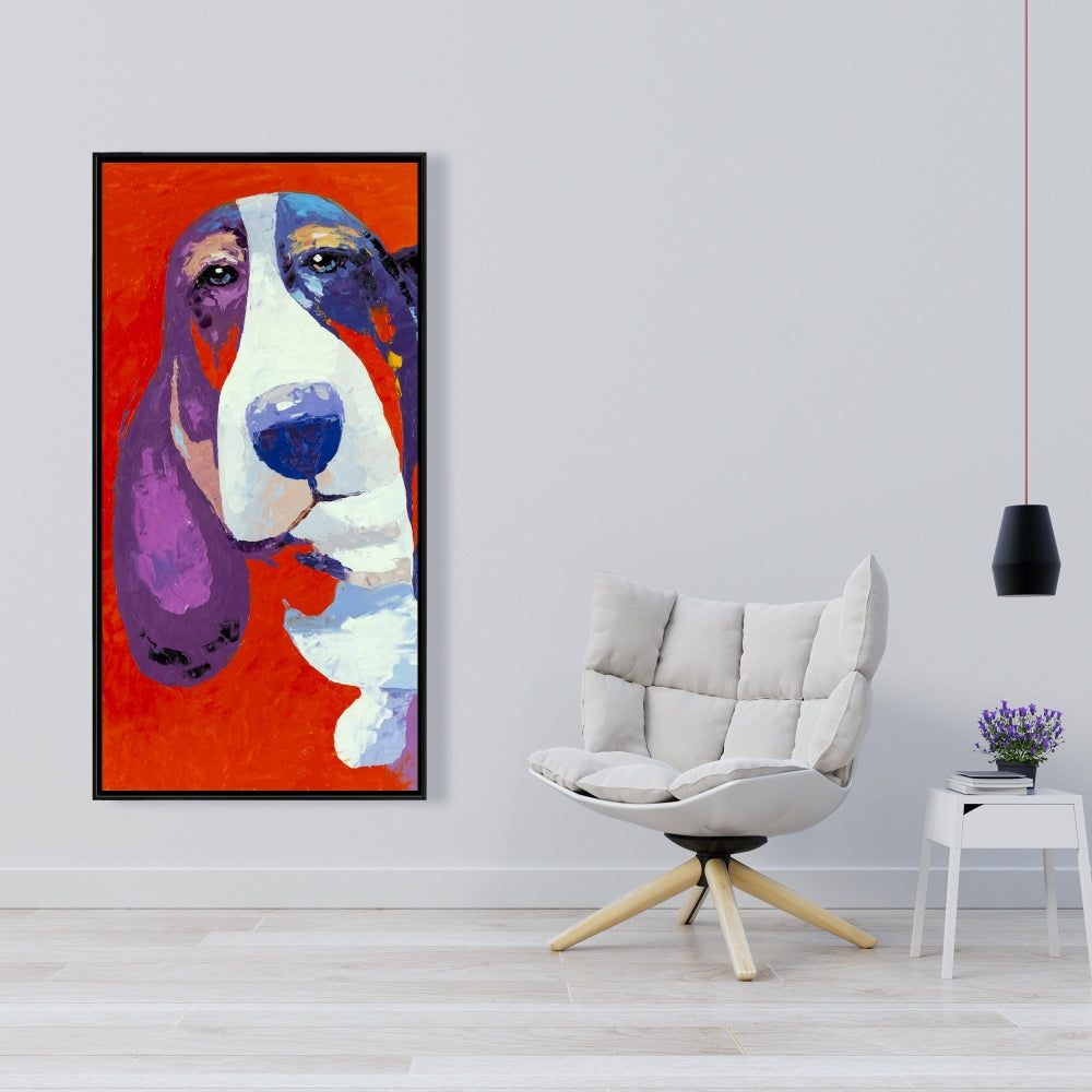 Toile encadrée abstraite et colorée représentant un Basset | Décoration d'intérieur