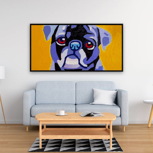 Toile encadrée bleue « Flash the Pug » – Décoration de chambre contemporaine