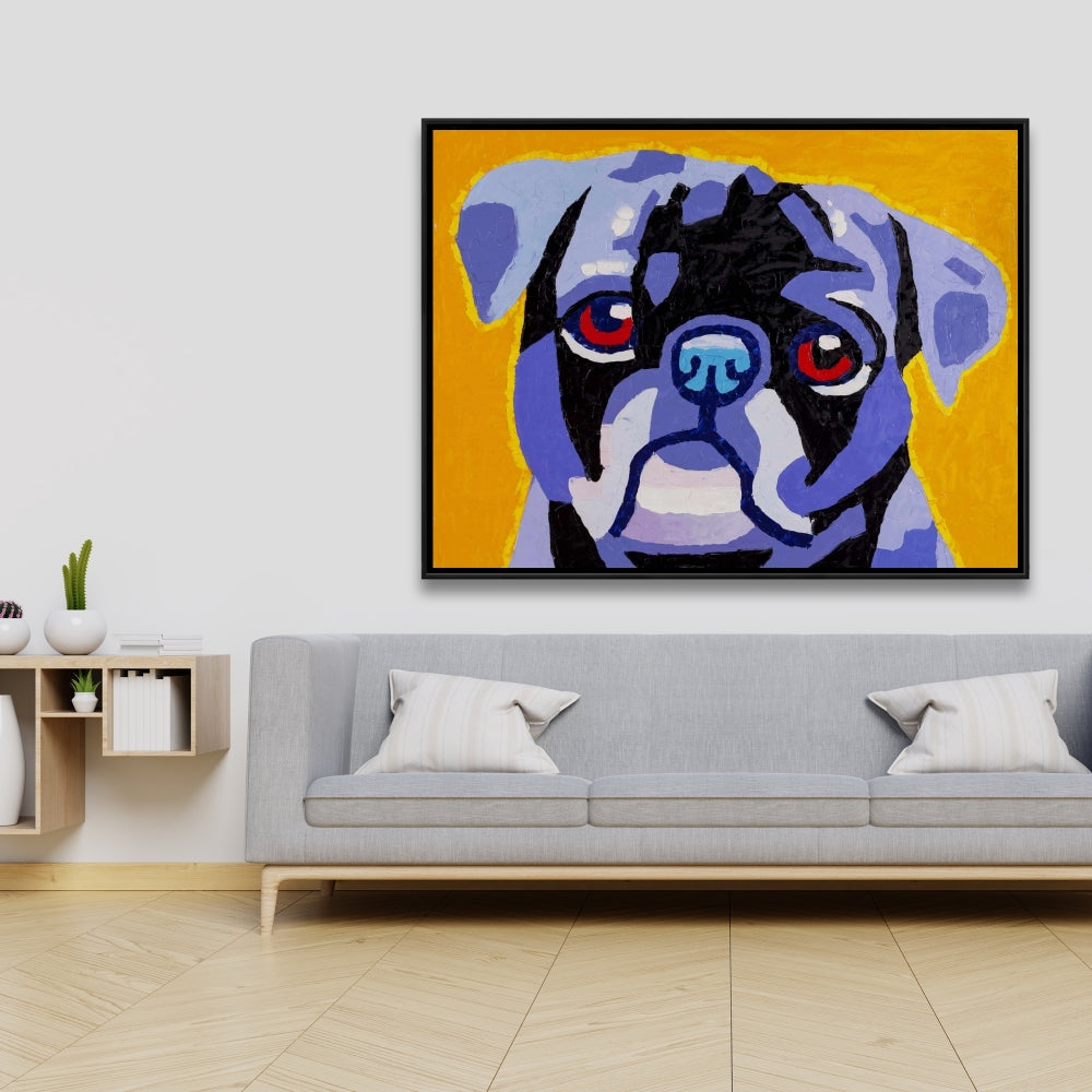 Toile encadrée bleue « Flash the Pug » – Décoration de chambre contemporaine