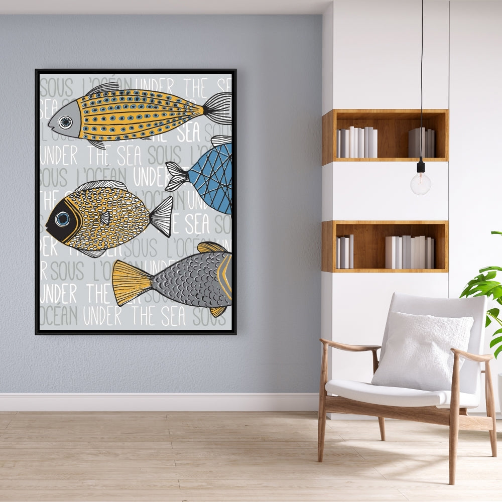 Toile encadrée avec illustration de poissons | Décoration de chambre aquatique