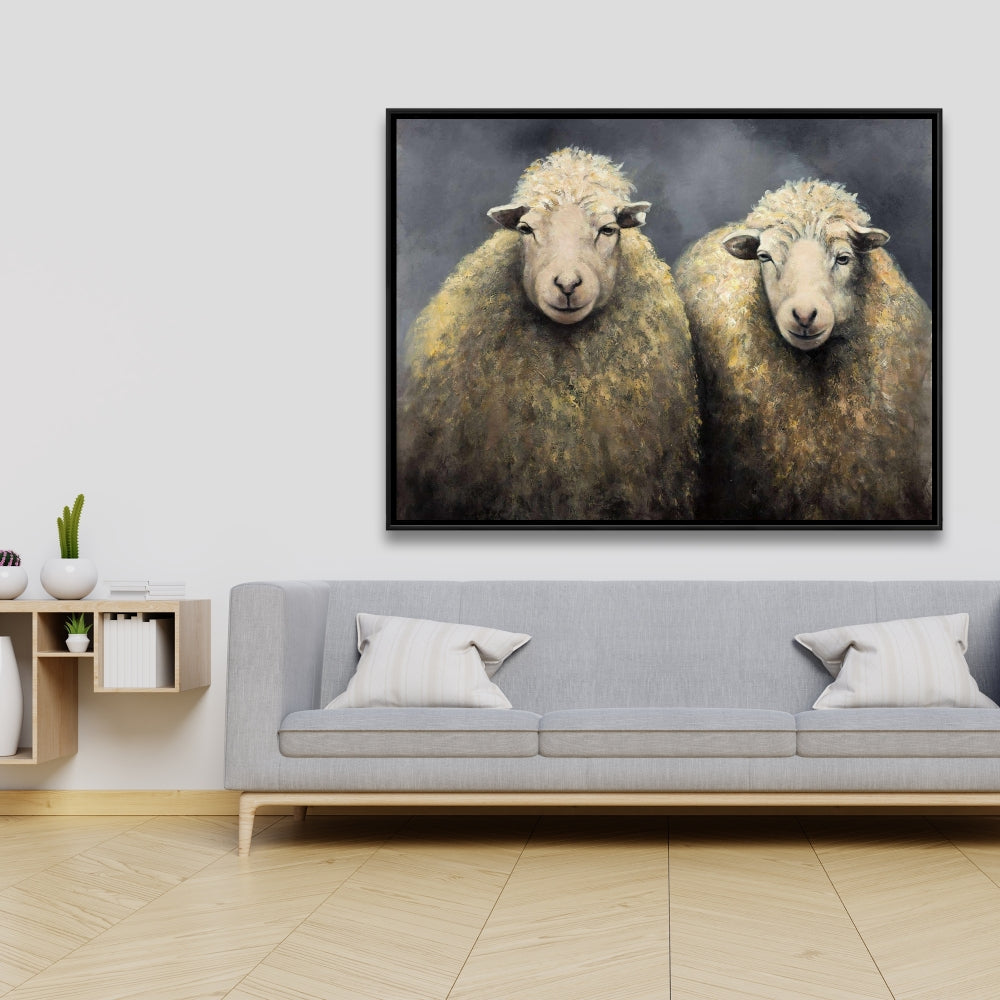 Toile rustique grise avec animaux de la ferme – Décoration d'intérieur en laine de mouton