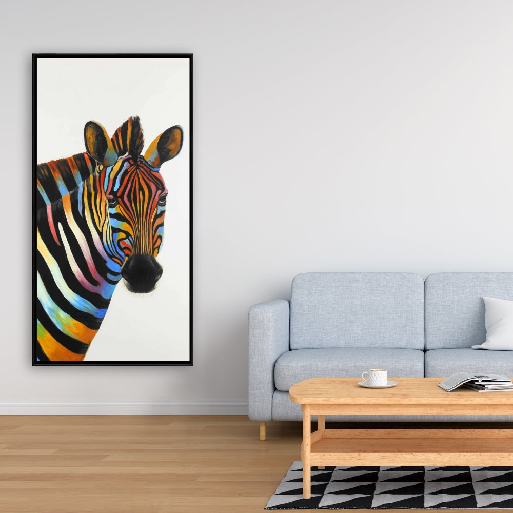 Toile encadrée colorée représentant un profil de zèbre – Décoration d'intérieur animalière bleue