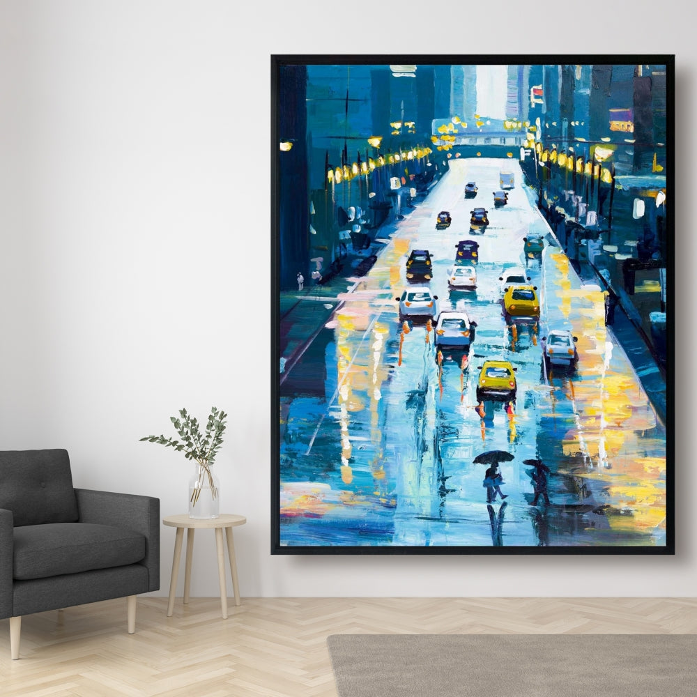 Rainy Streets of New York Canvas | Blue Framed Home Decor