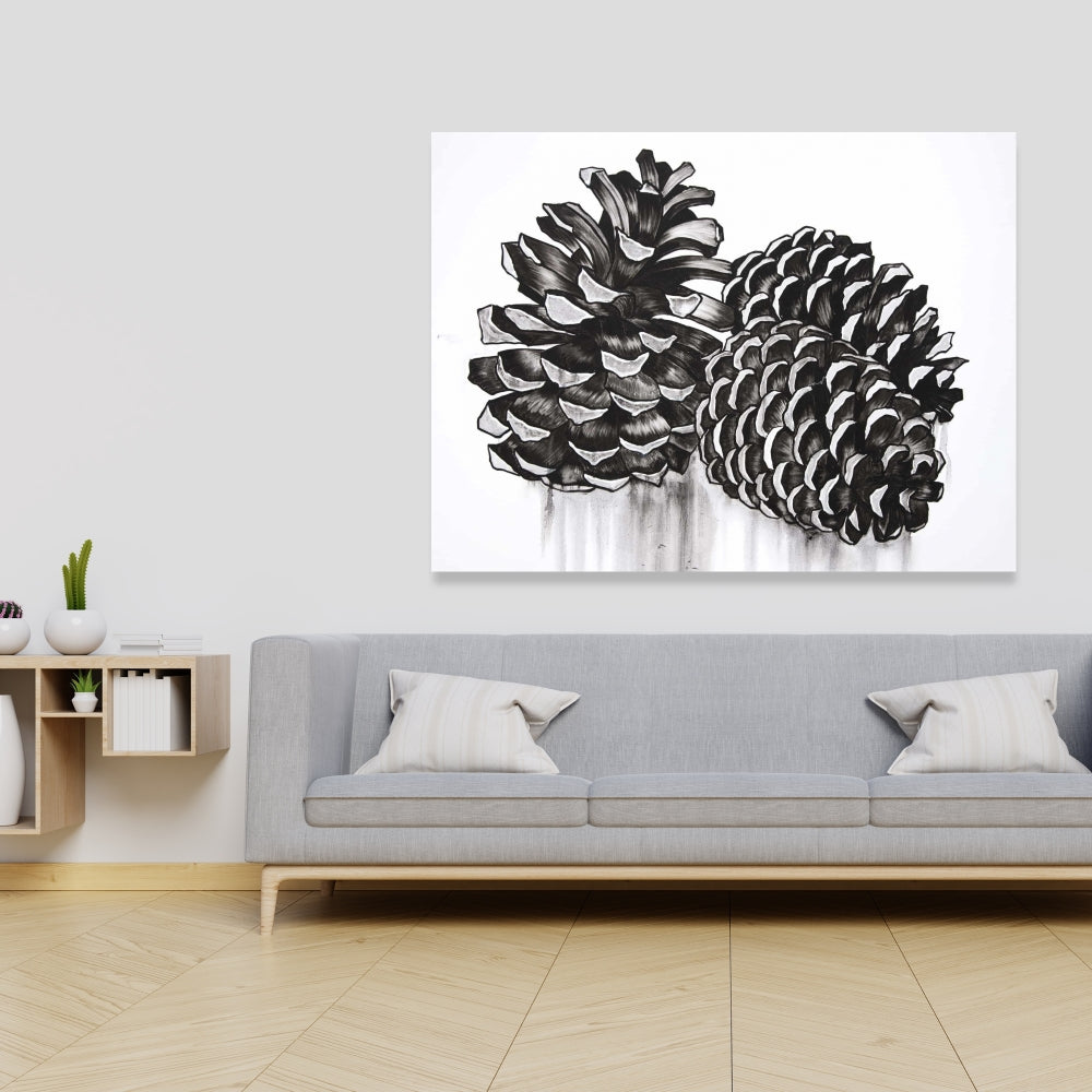 Nature morte rustique sur toile – Trois pommes de pin | Décoration de chambre