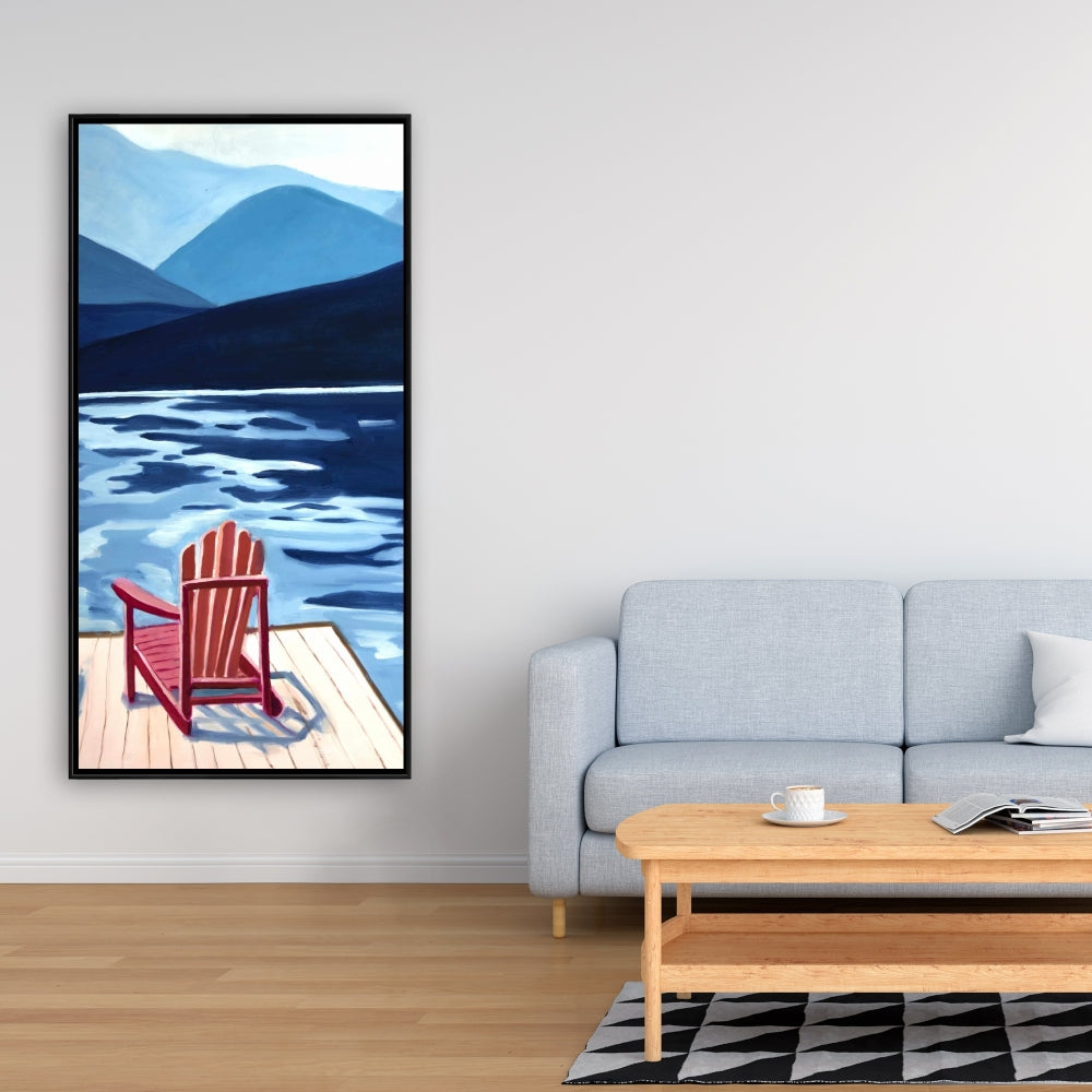 Mountains Marine Blue Canvas - Lake, Dock, Mountains & Chairs