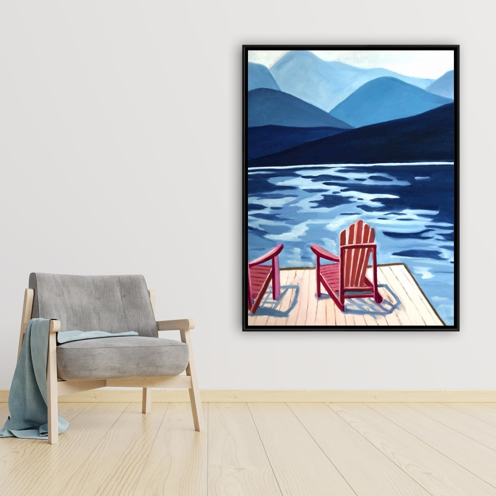 Mountains Marine Blue Canvas - Lake, Dock, Mountains & Chairs