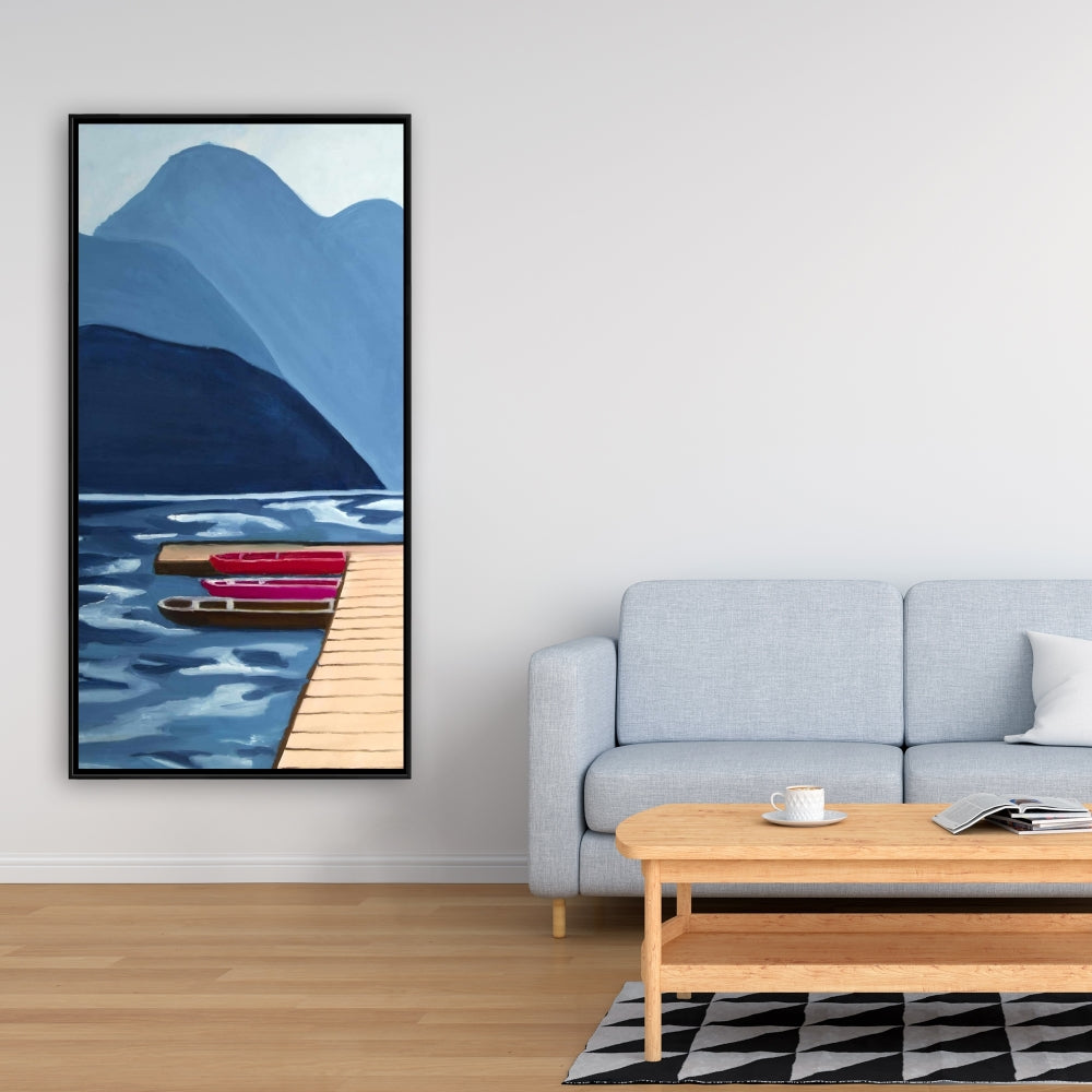 Blue Marine Mountains Framed Canvas - Lake, Quai & Mountains Decor