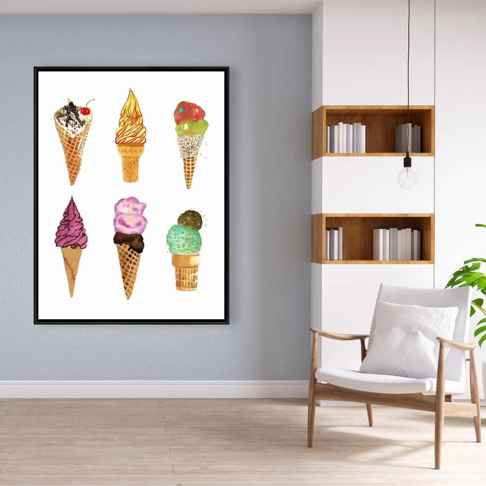 Ice Cream Cones Canvas - Yellow Frame | Kitchen Decor Art