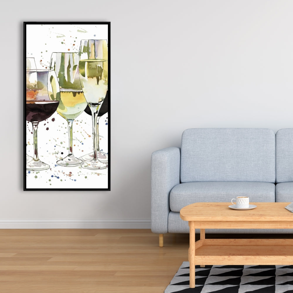 Toile encadrée jaune pour cuisine | Superbe décoration de verres à vin