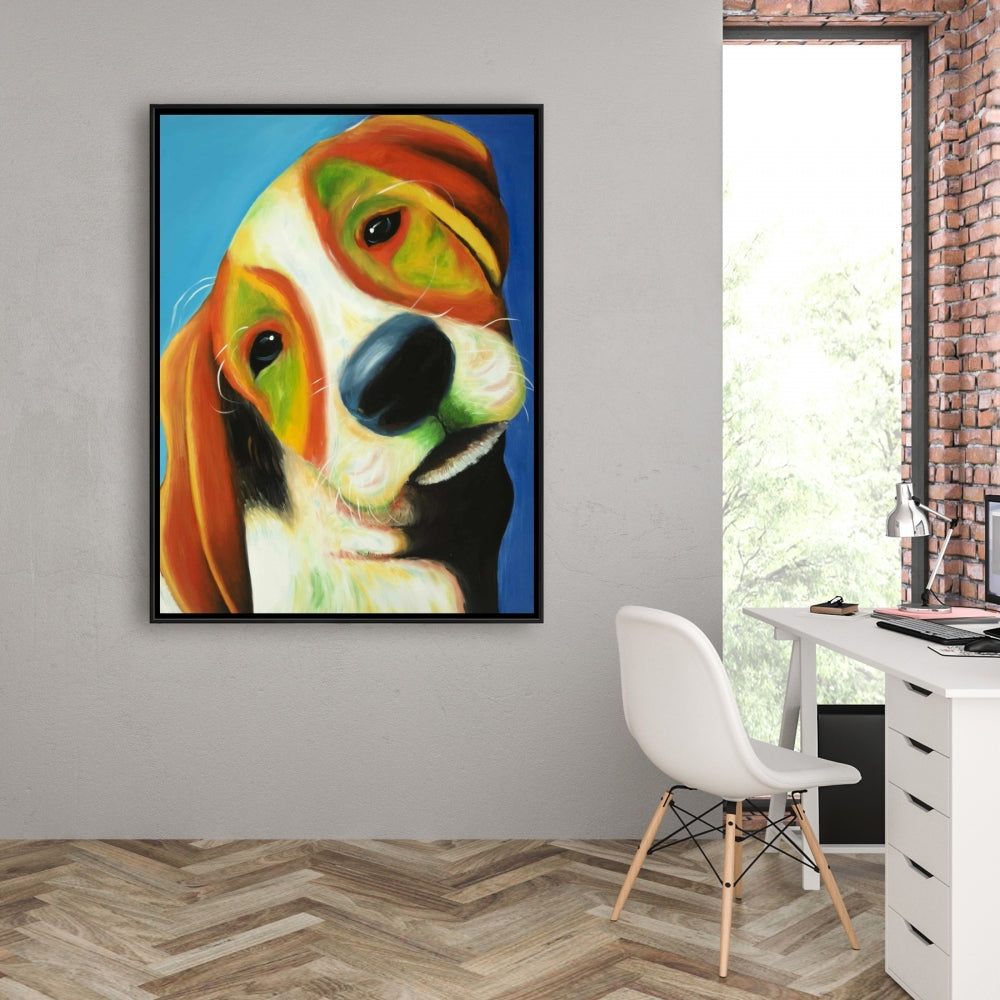 Colorful Beagle Dog Blue Framed Canvas | Home Decor Art