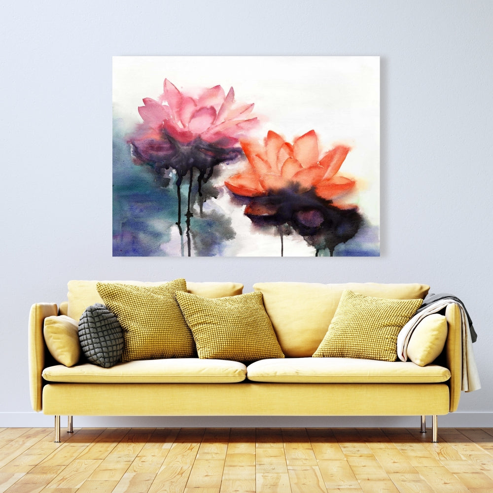Watercolor Lotus Flowers Canvas | Blue Botanical Bedroom Decor