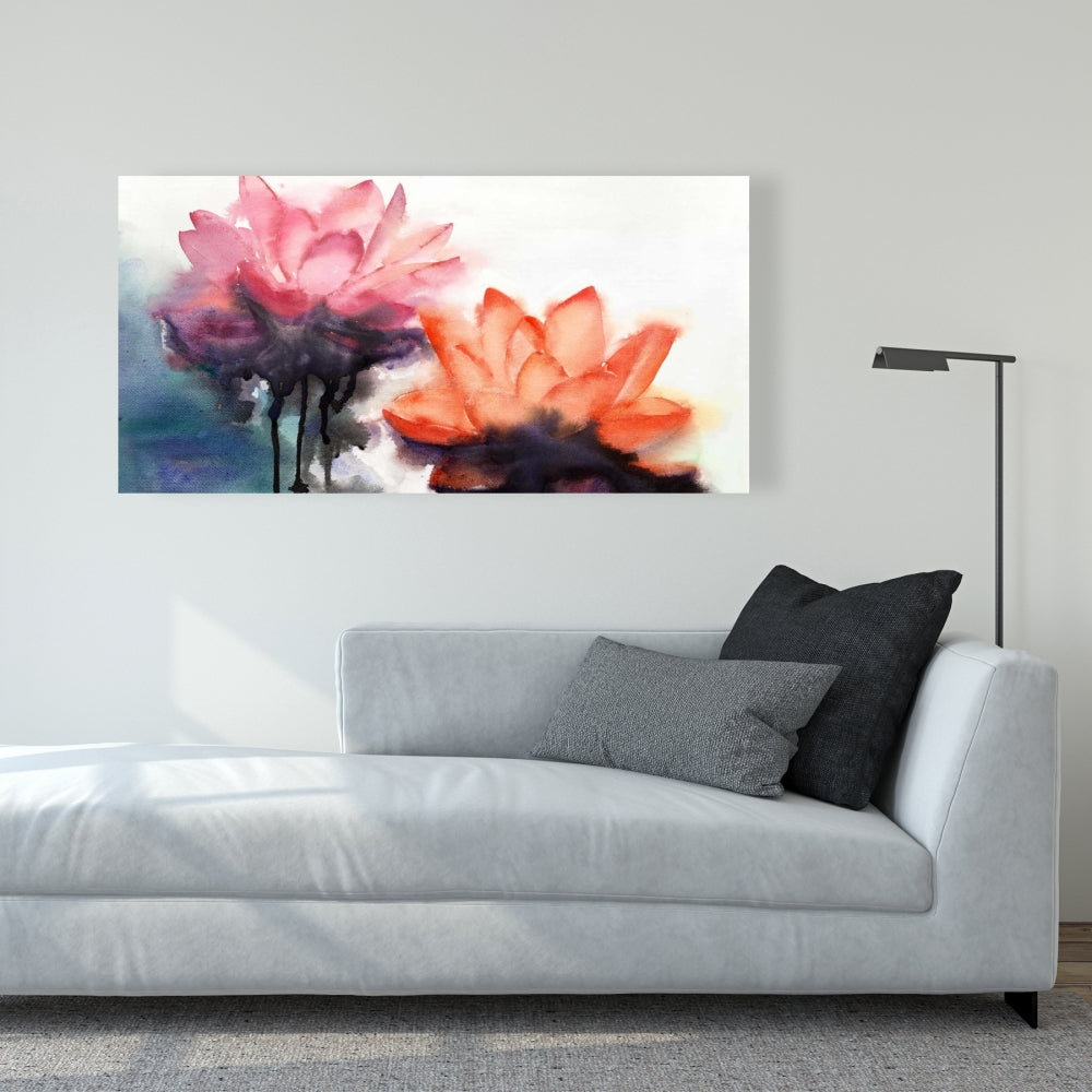 Watercolor Lotus Flowers Canvas | Blue Botanical Bedroom Decor