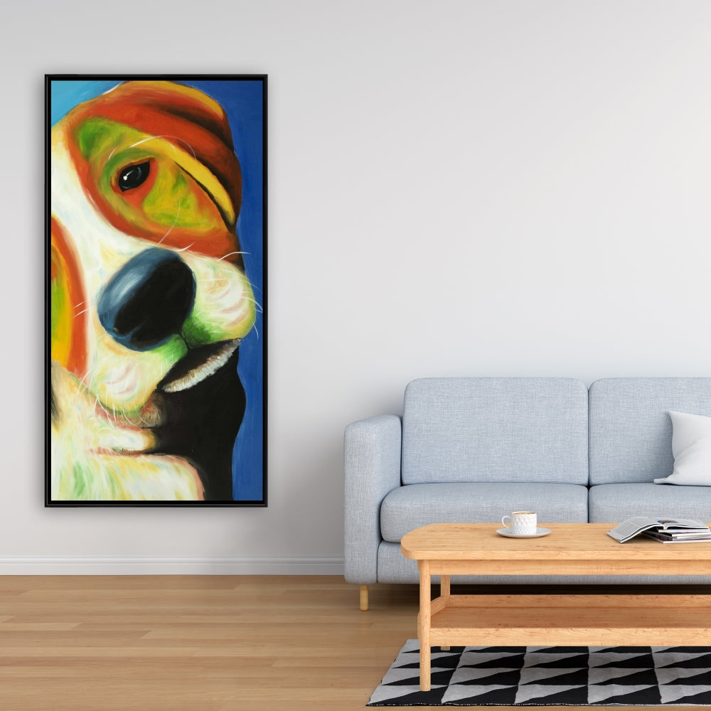 Colorful Beagle Dog Blue Framed Canvas | Home Decor Art