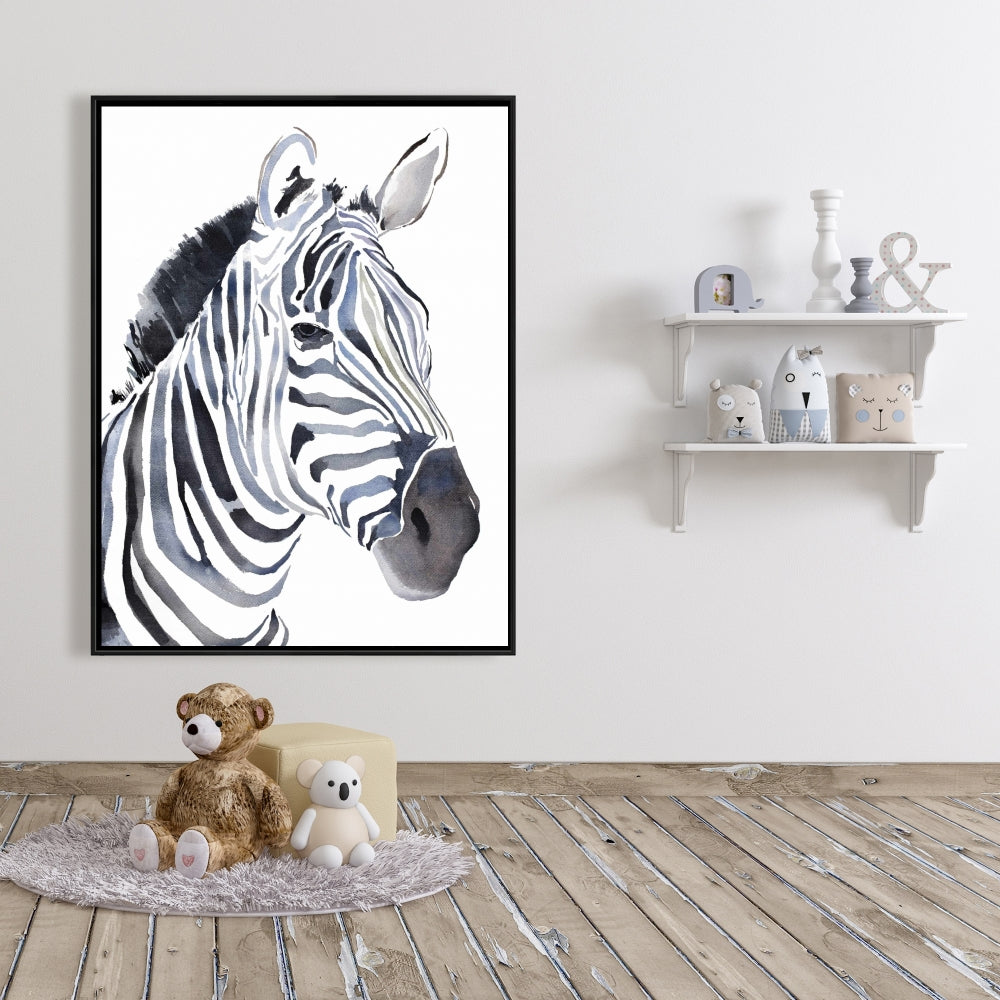 Watercolor Zebra Framed Canvas | Wildlife African Bedroom Decor