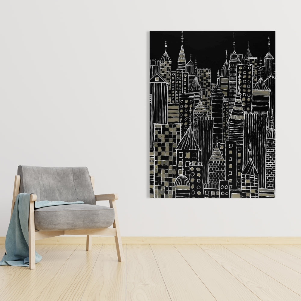 Illustrative City Towers Black Canvas - Living Room Decor