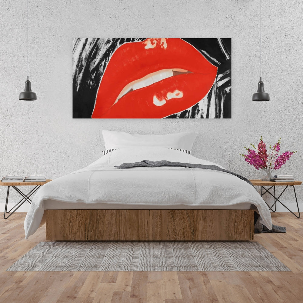 Retro Black Canvas - Kissable Lips Art for Home Decor
