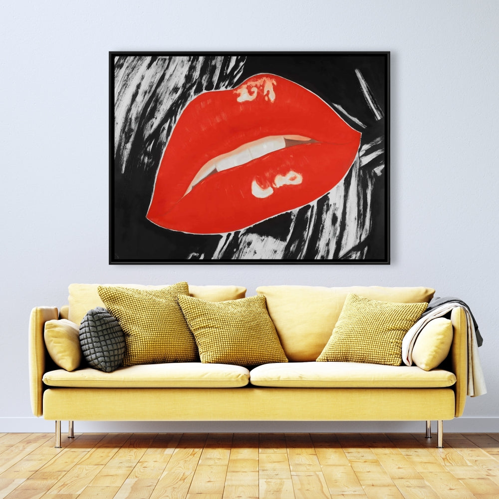 Kissable Lips Canvas | Black Retro Frame | Home Decor Art