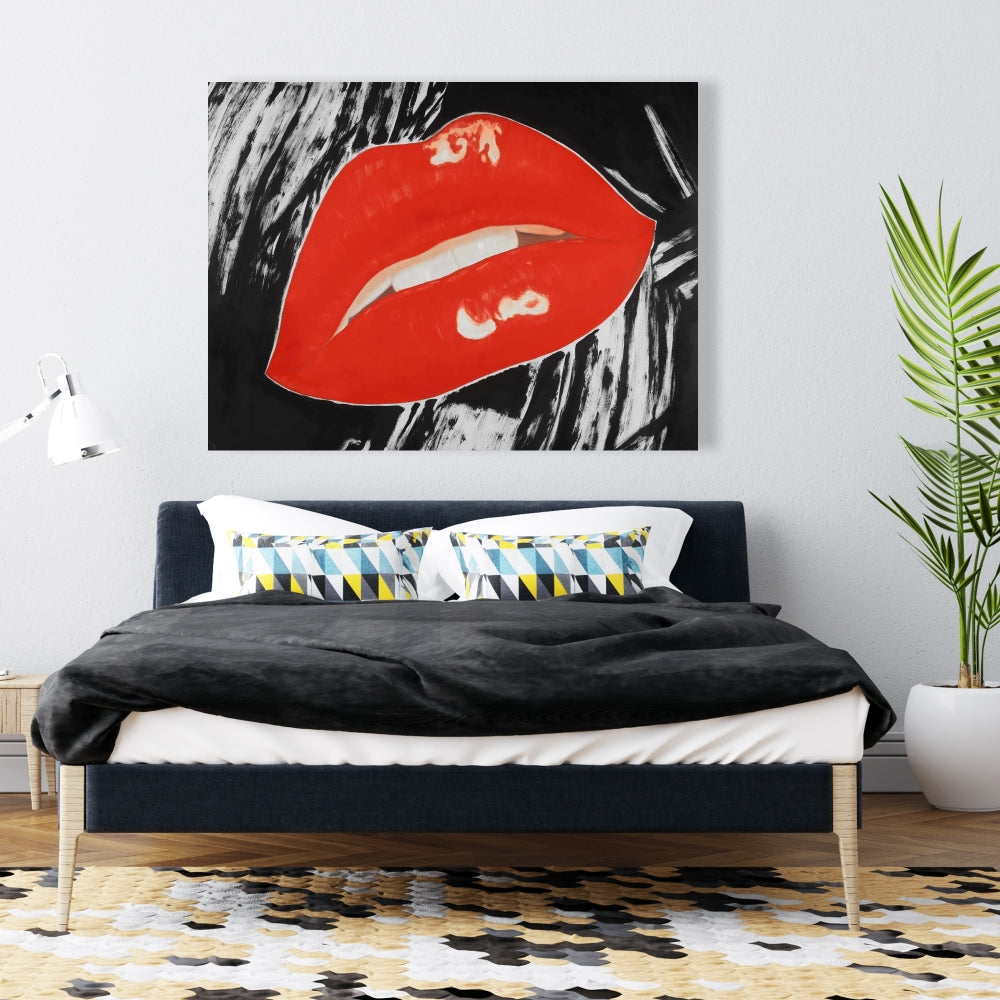 Retro Black Canvas - Kissable Lips Art for Home Decor