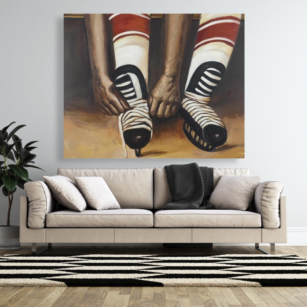 Brown Livingroom Canvas | Hockey Player Ties Skates Decor