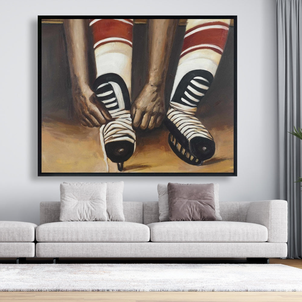 Toile encadrée « Joueur de hockey attachant ses patins » | Décoration d'intérieur sportive
