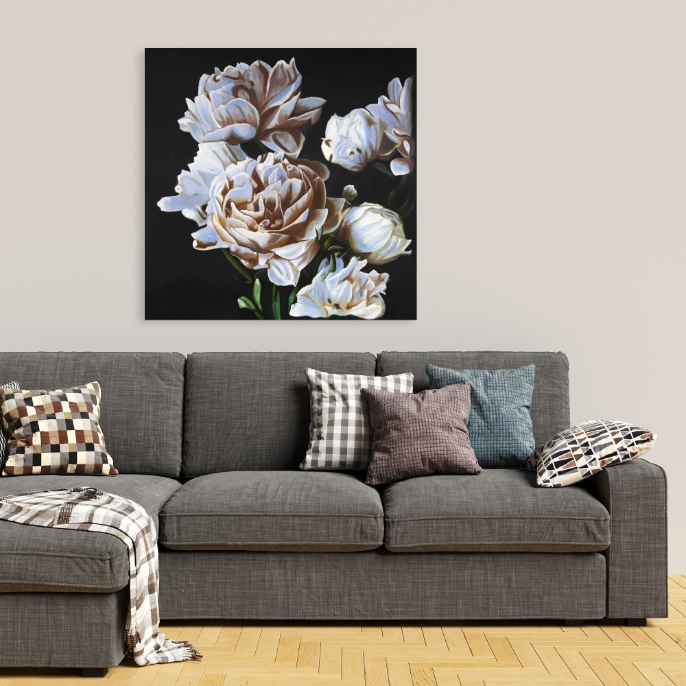 Peonies Canvas - White Leaves Bedroom Wall Art Home Decor