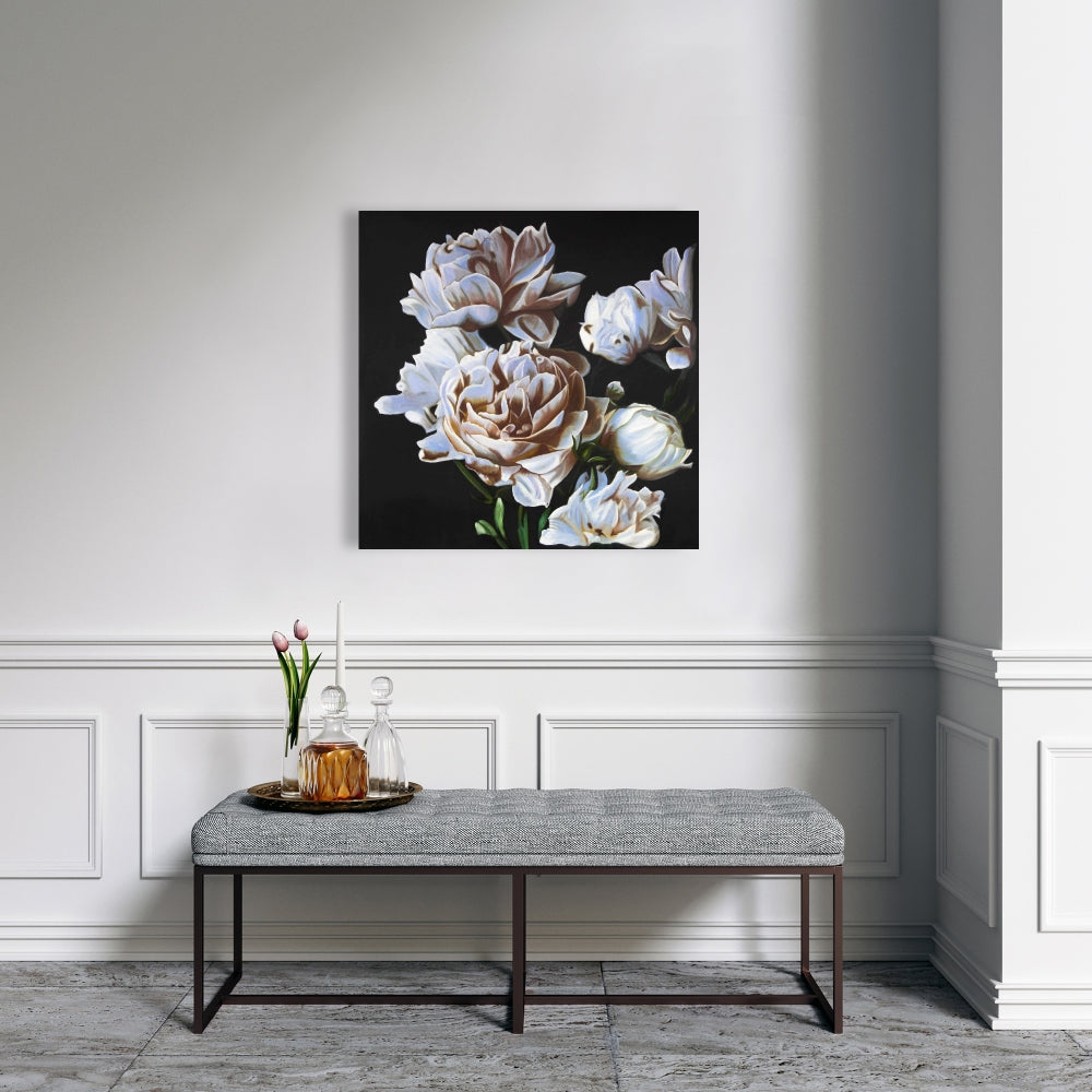 Peonies Canvas - White Leaves Bedroom Wall Art Home Decor