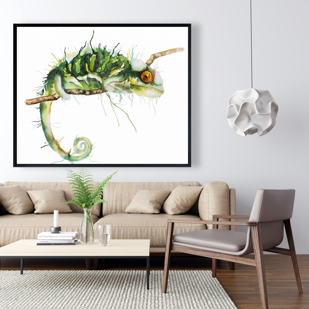 Caméléon à l'affût | Toile encadrée verte pour salon