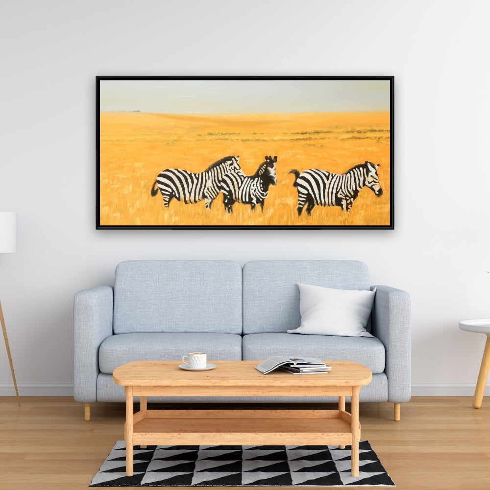 "Herd of Zebra Canvas | Yellow Animal Wall Art for Bedroom"