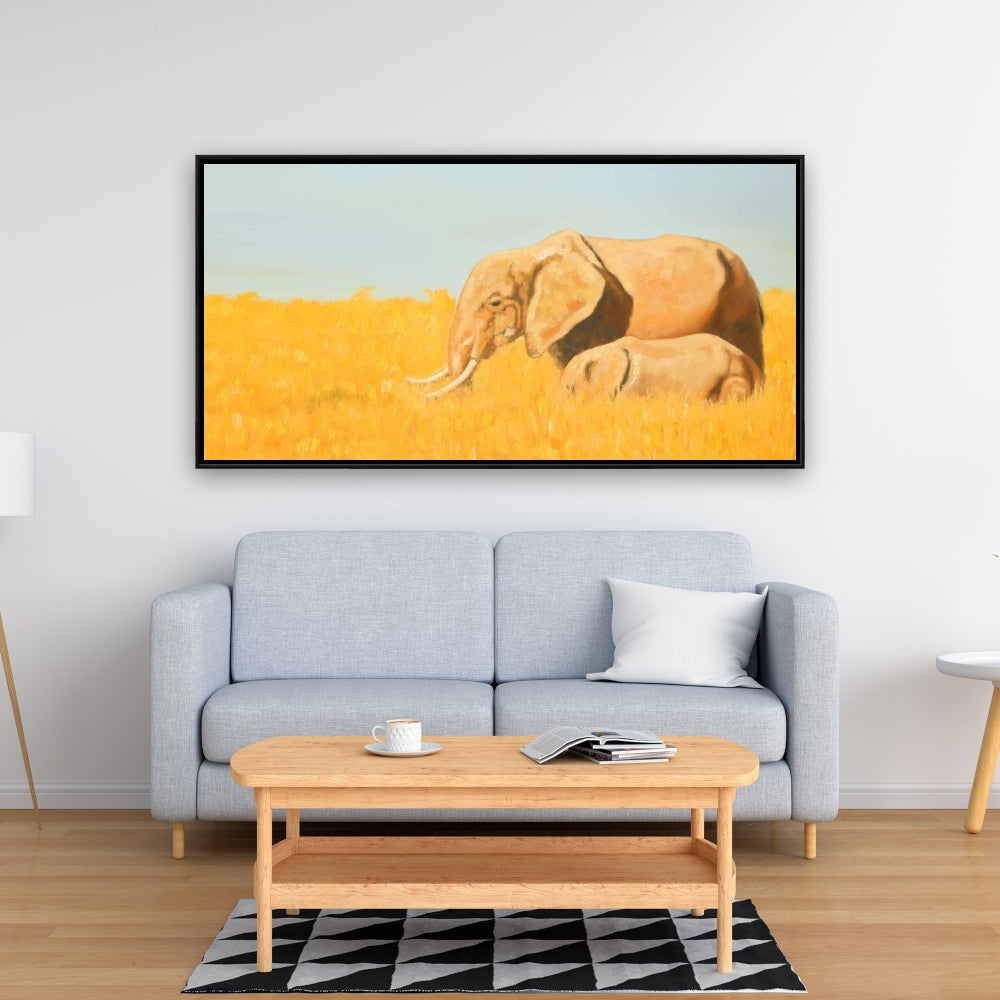 Elephant Blue Bedroom Framed Canvas | Elephant and Little One