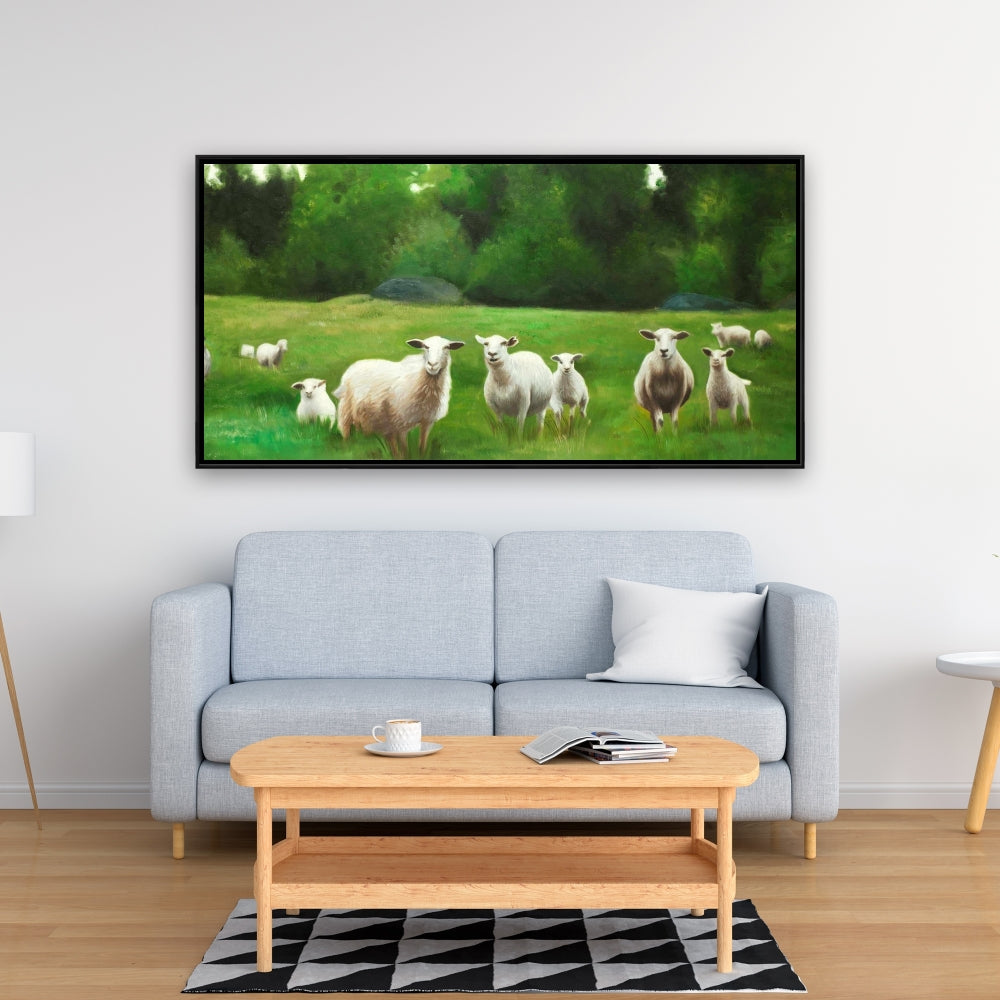Fields of Sheep Framed Canvas - Farm Animals Home Decor Art