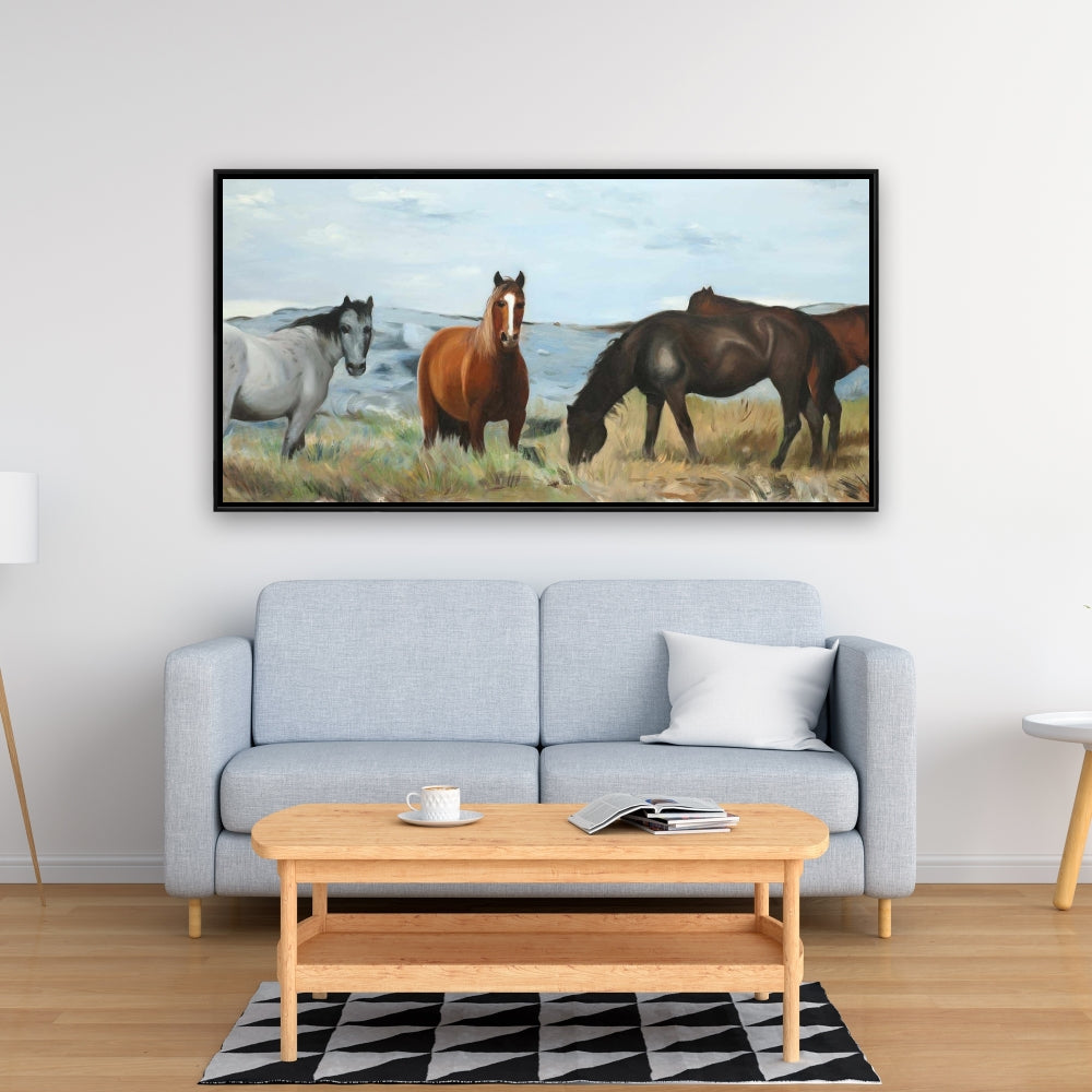 Rustic Horses in Meadow Canvas | Home Decor Framed Art