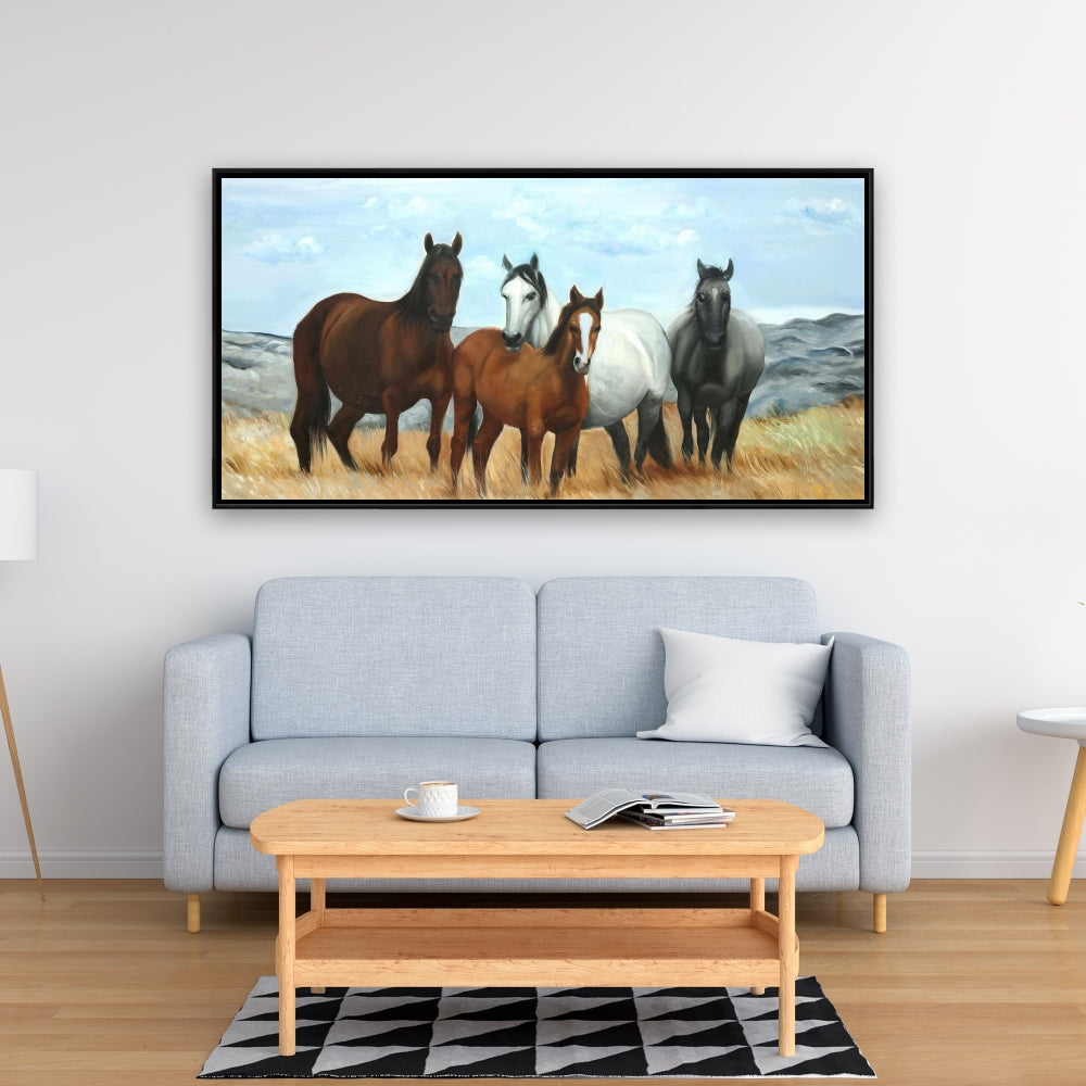 Rustic Blue Framed Canvas - Horses in Meadow by Sun Decor