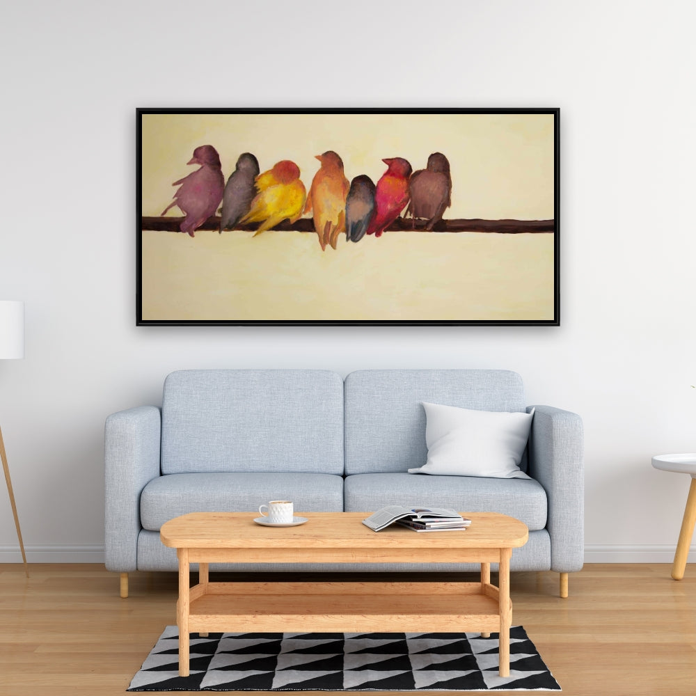 Toile encadrée jaune contemporaine représentant une famille d'oiseaux | Décoration d'intérieur