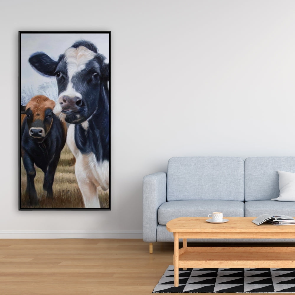 Rustic Farmhouse Canvas - Two Cows Eating Grass Wall Art