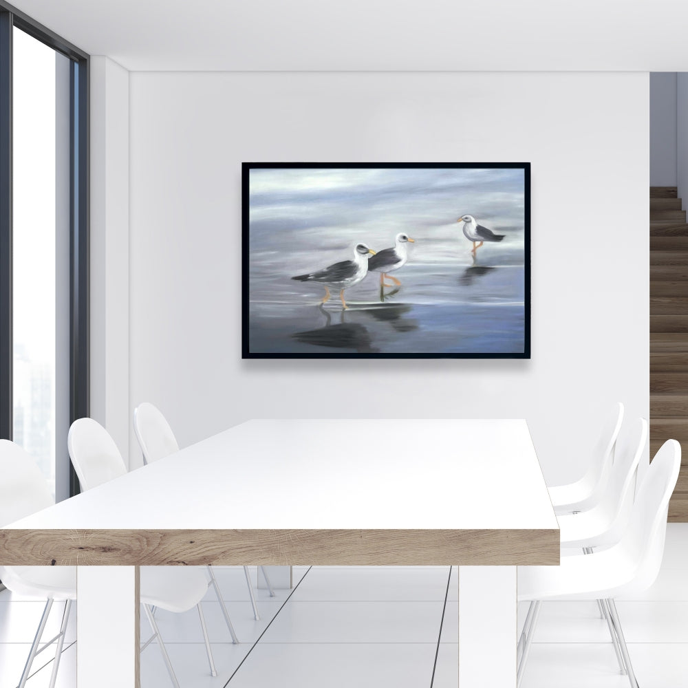 Toile encadrée bleue « Trois Mouettes » | Décoration de salon
