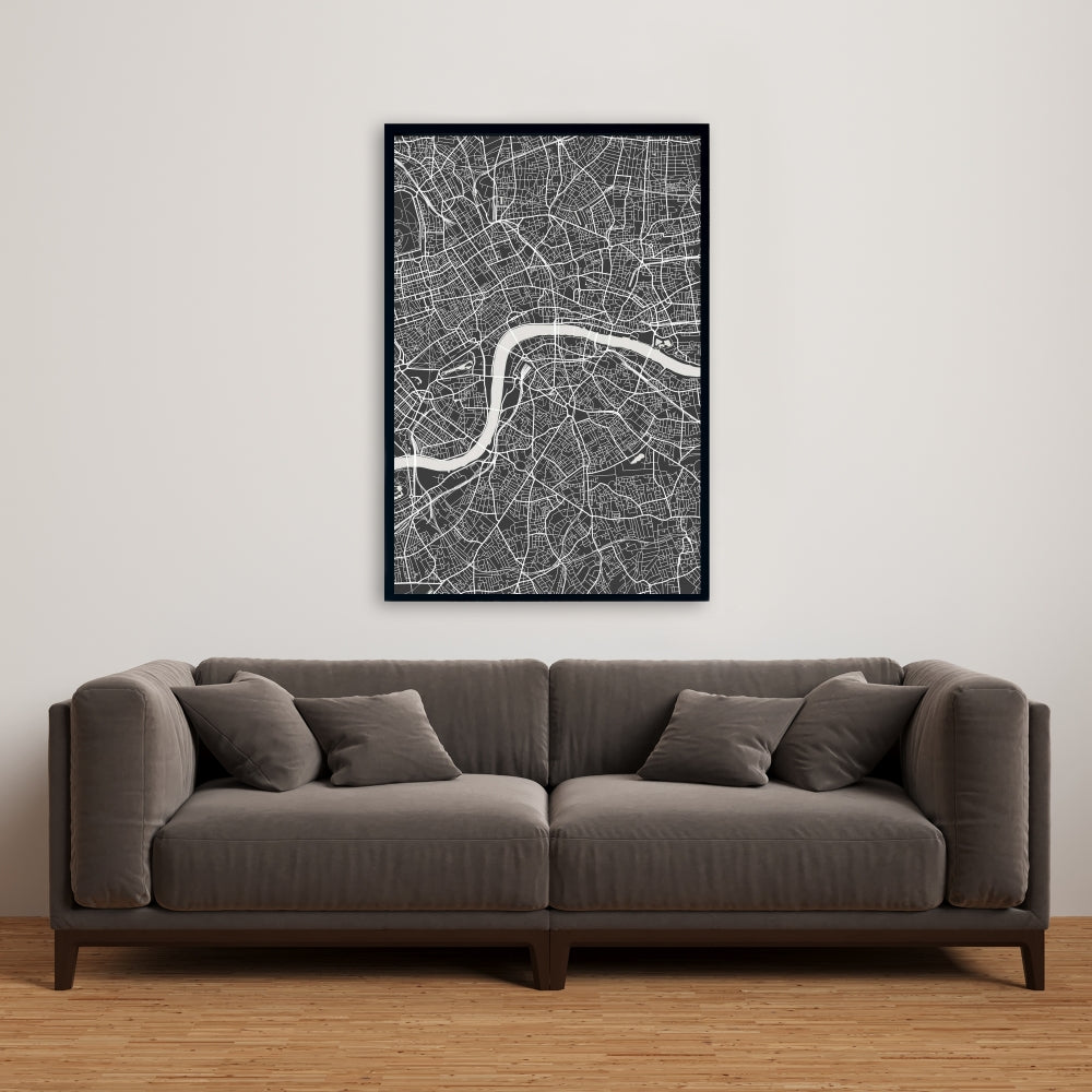 London City Plan Canvas | Gray Shapes Blue Prints Framed