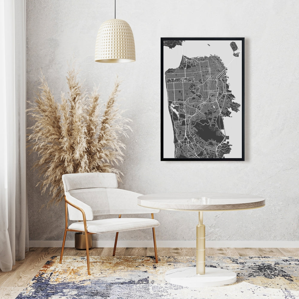 Toile encadrée représentant le plan de la ville de San Francisco | Décoration d'intérieur industrielle