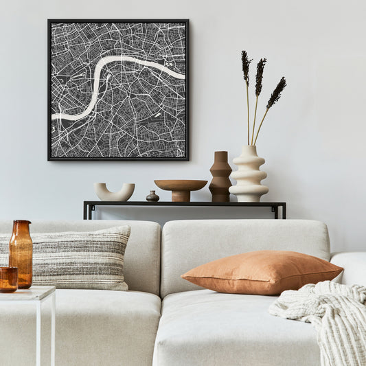 Plan de Londres sur toile | Formes grises et bleues encadrées