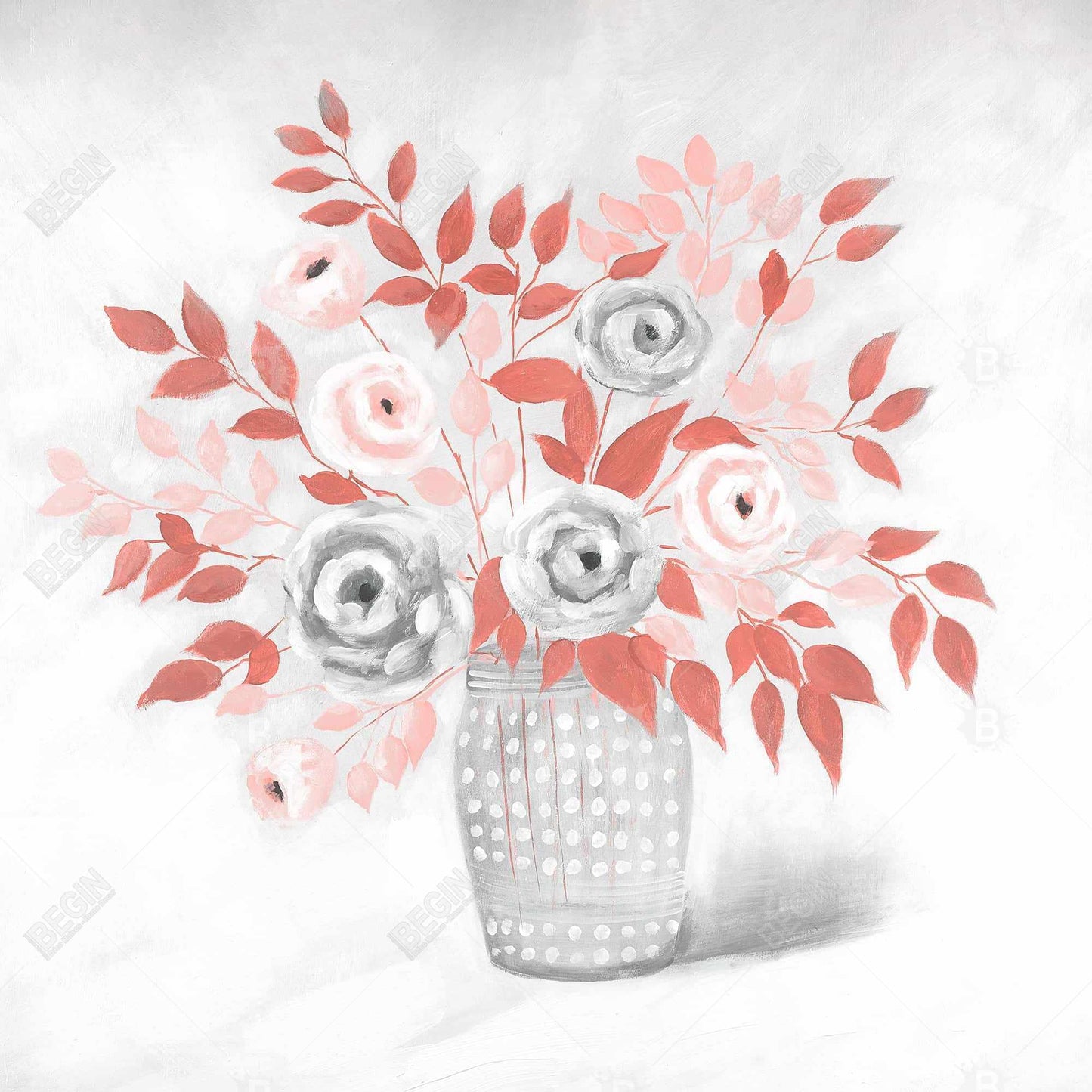 Coral Flower Illustration | Leaves Gray Bedroom Canvas Decor