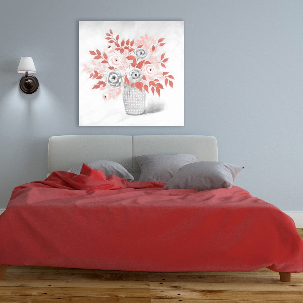 Coral Flower Illustration | Leaves Gray Bedroom Canvas Decor