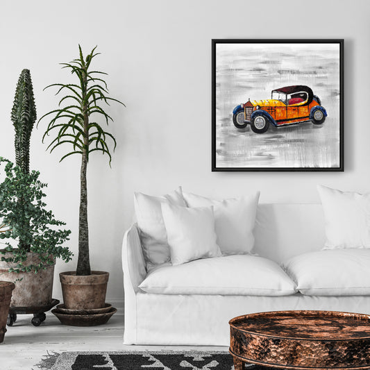 Toile grise pour chambre à coucher – Décoration encadrée représentant une voiture vintage jaune