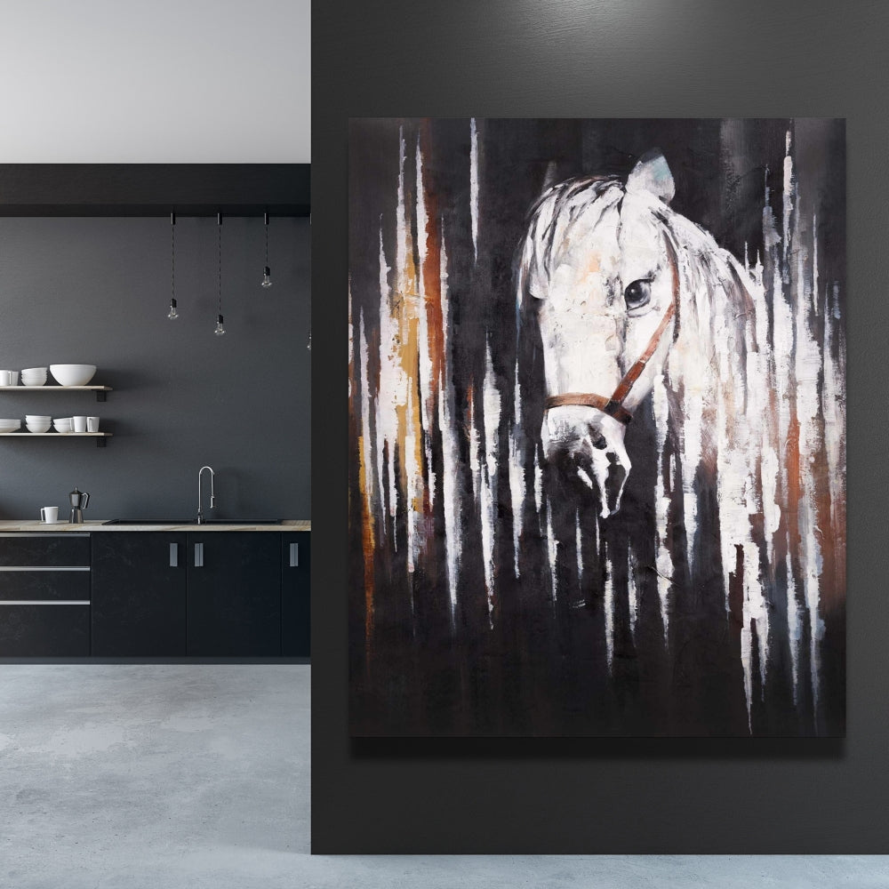 White Horse in the Dark Canvas | Rustic Bedroom Wall Decor