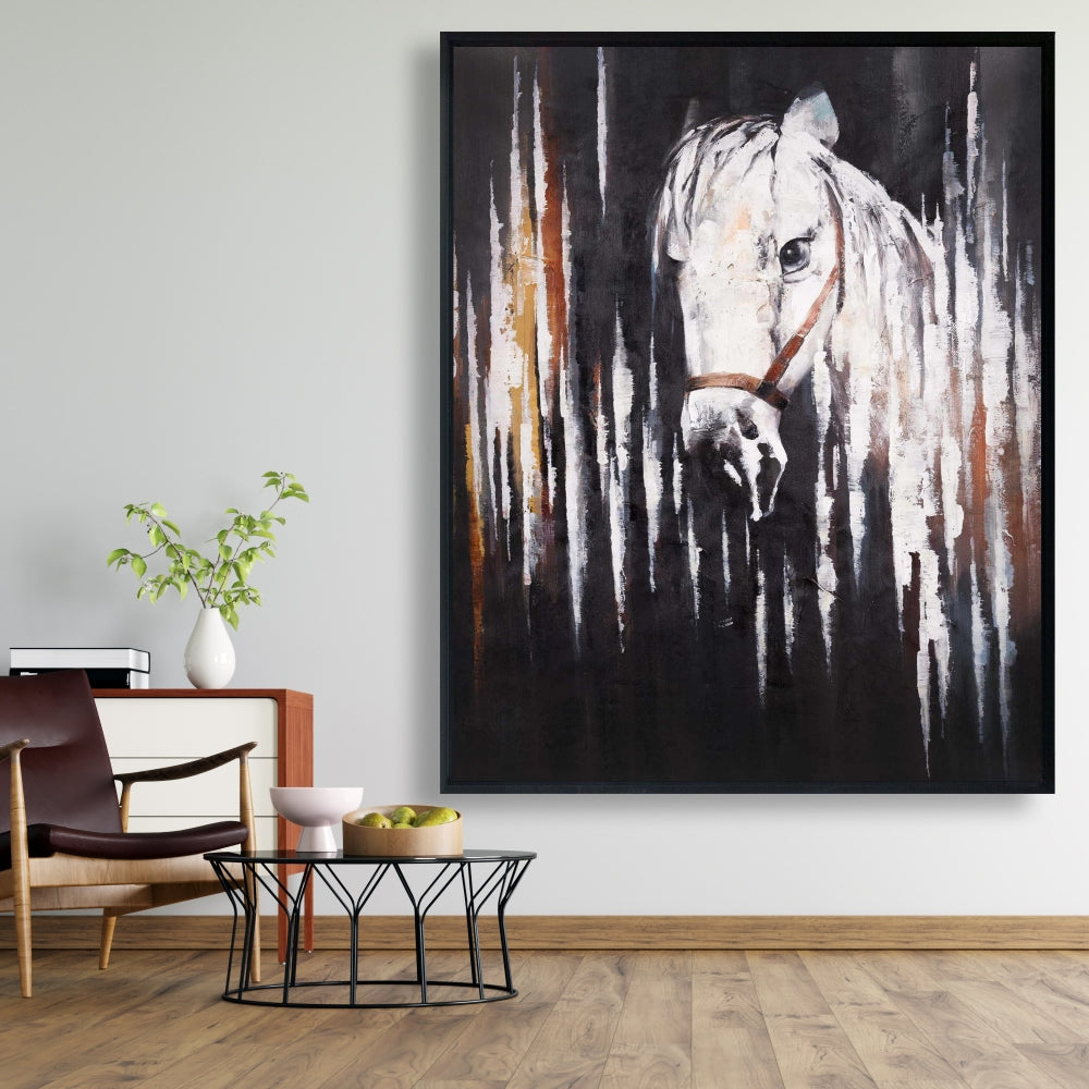 Cheval blanc sur toile sombre – Décoration animalière rustique pour chambre à coucher