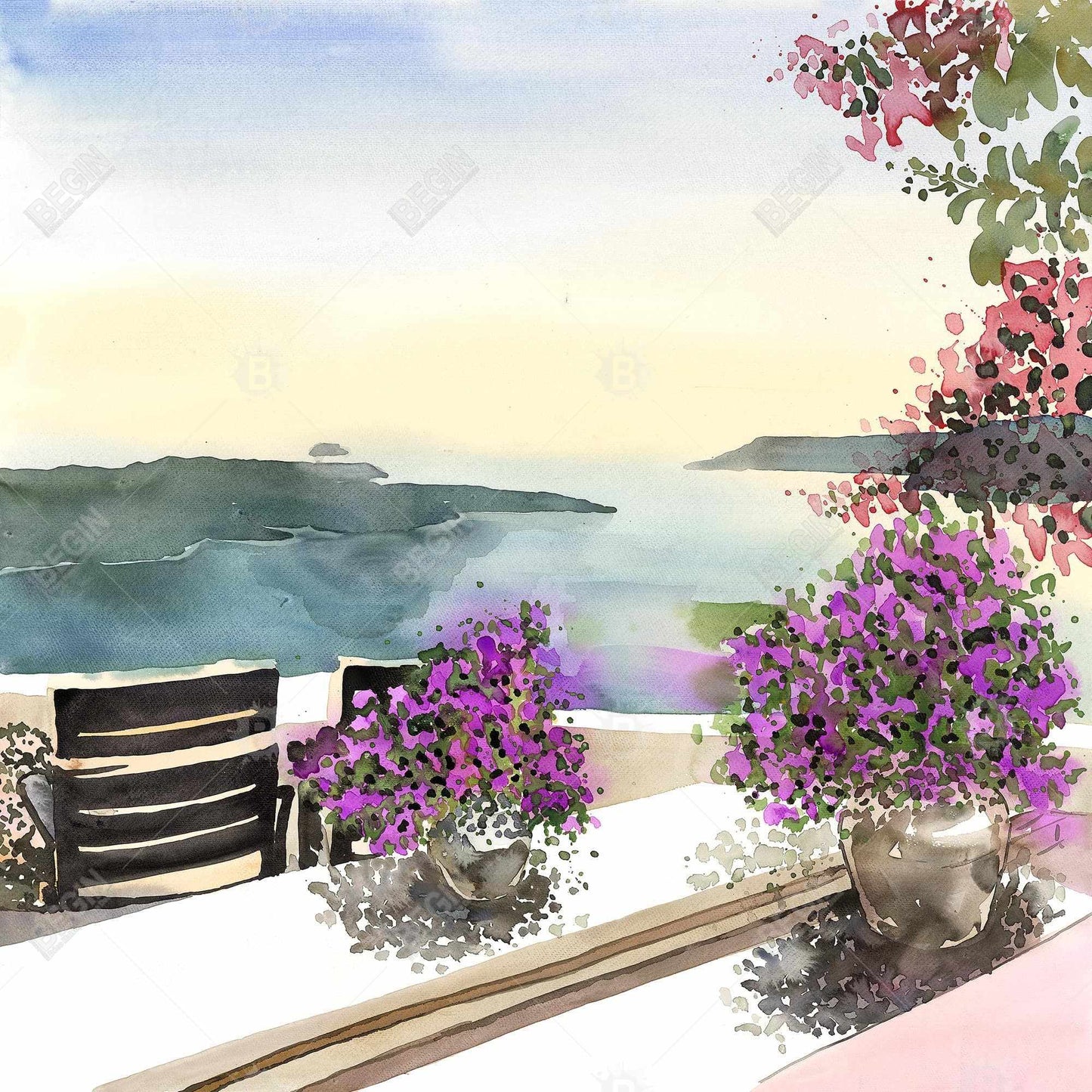 Toile côtière bleue illustrative - Décor avec vue sur la mer Méditerranée