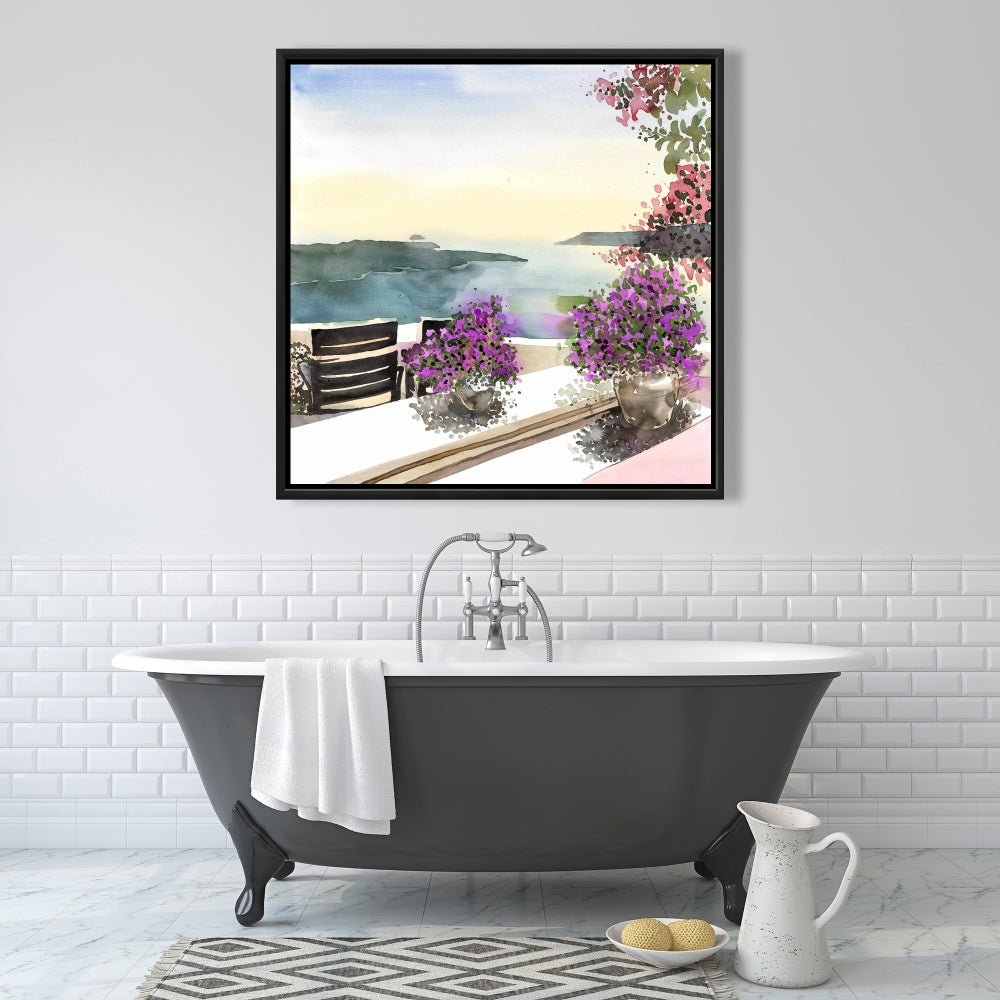 Botanical Blue Mediterranean Sea View Framed Canvas Decor