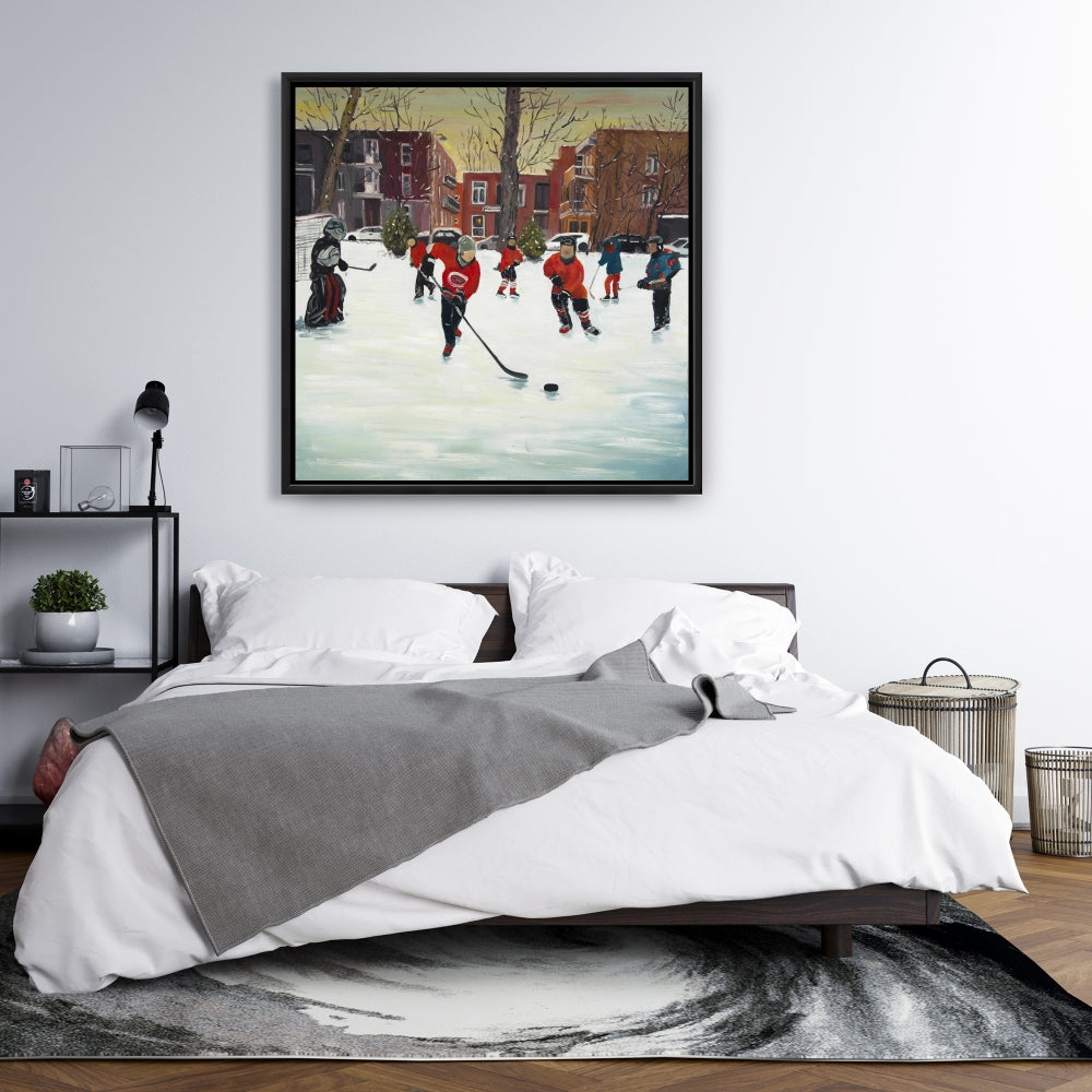 Toile encadrée marron représentant de jeunes joueurs de hockey