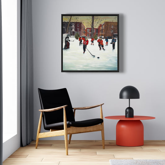 Toile encadrée marron représentant de jeunes joueurs de hockey