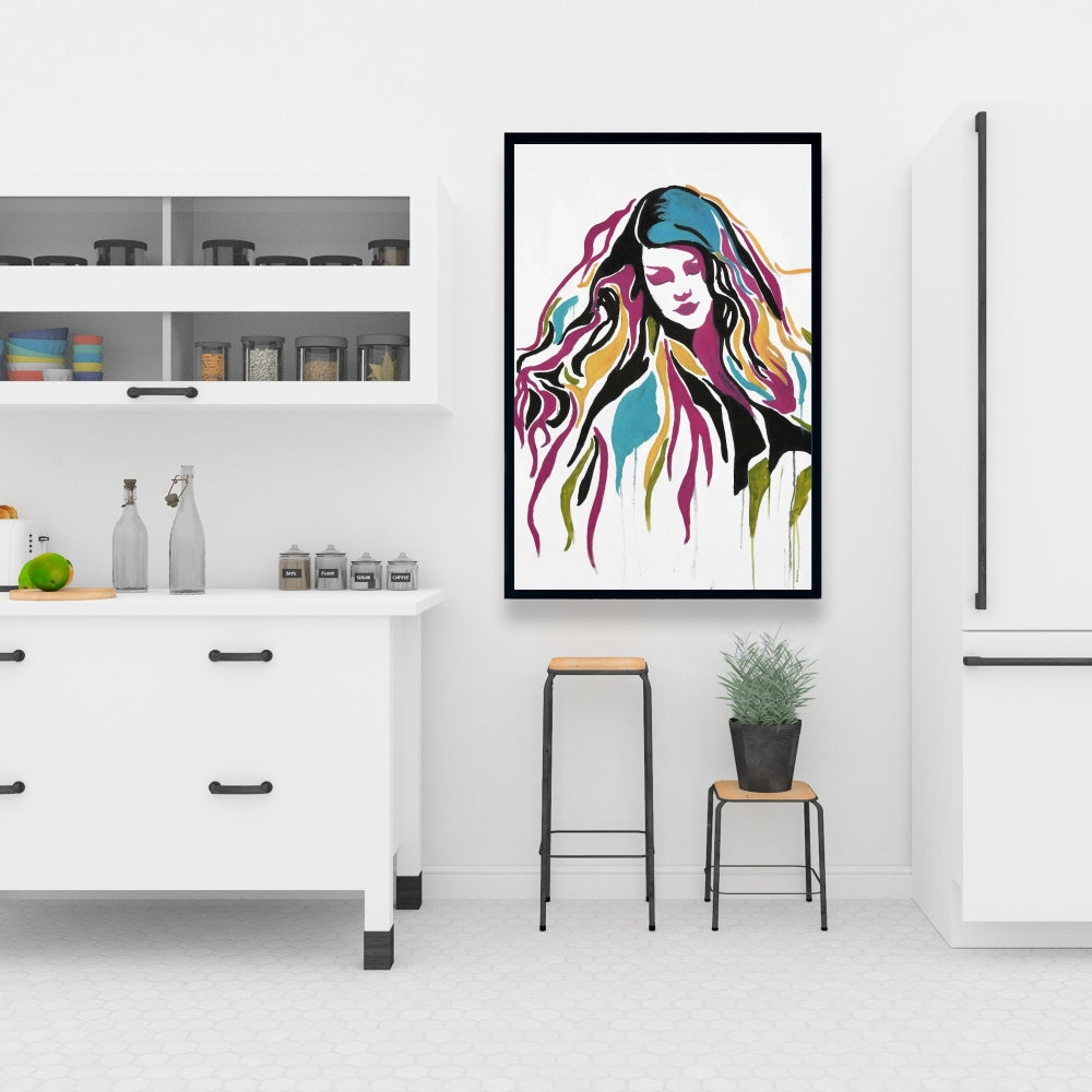 Toile encadrée jaune représentant une femme graffiti rétro | Décoration d'intérieur