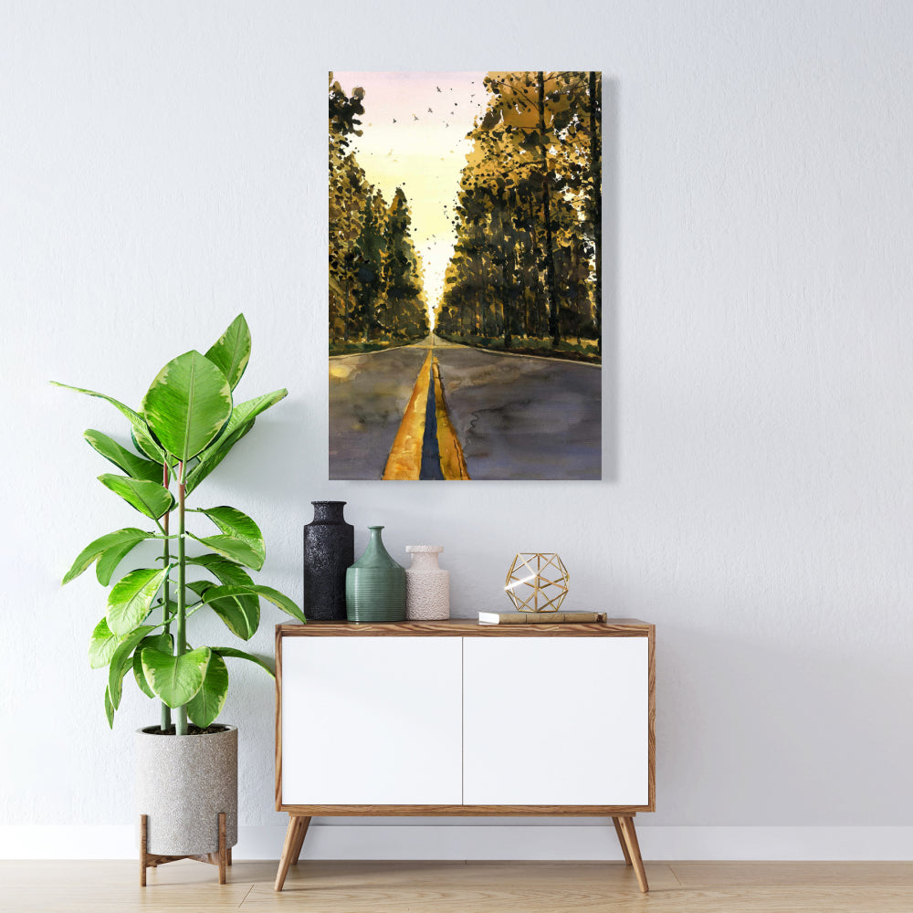 Long Road Trees Illustration - Yellow Canvas for Home Decor