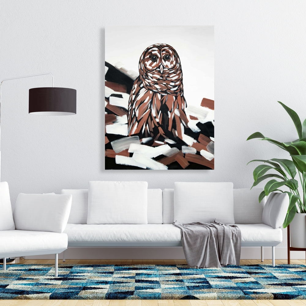 Toile blanche rustique représentant une chouette hulotte | Décoration d'intérieur et art animalier